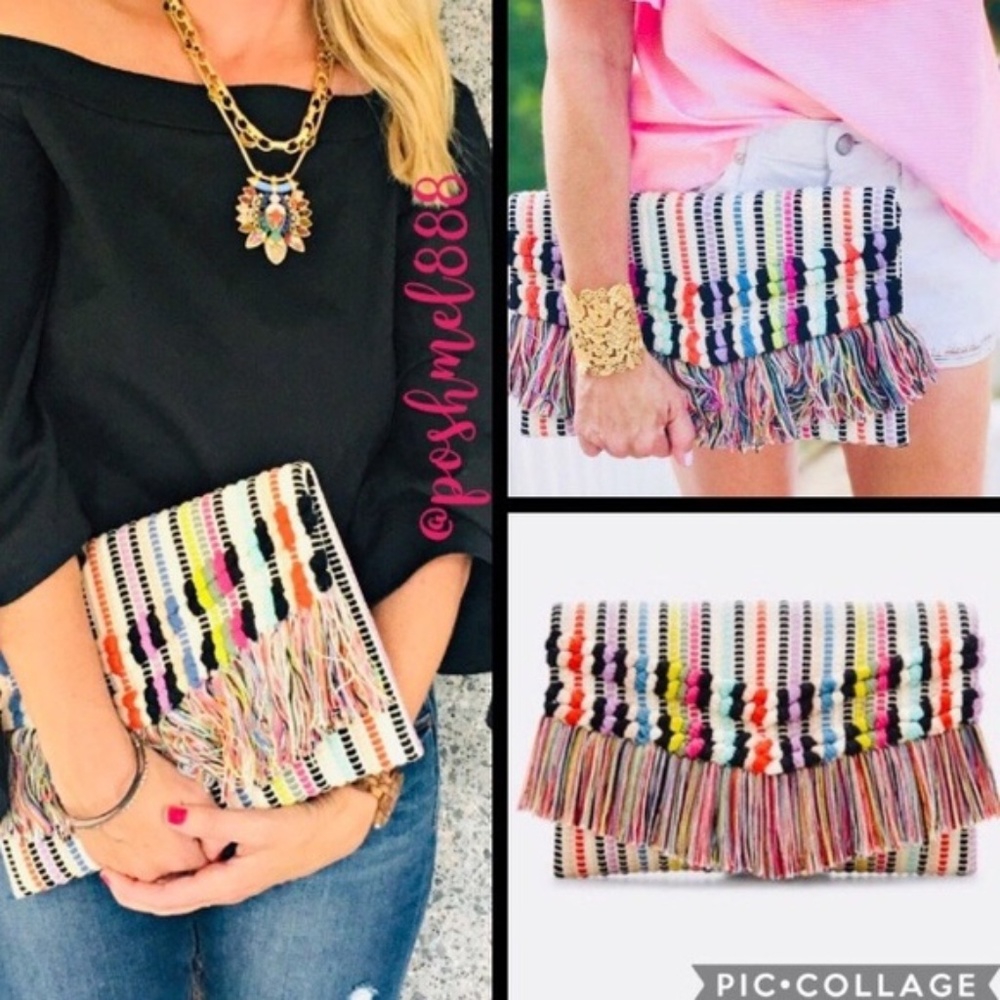 Stella & Dot | Boho Chic Colorful Macramé Rainbow Clutch - Picture 3 of 14
